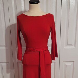 Moda International Scoop Neck Low Back 3/4 Sleeve Sash Belted Red Dress, Size XS